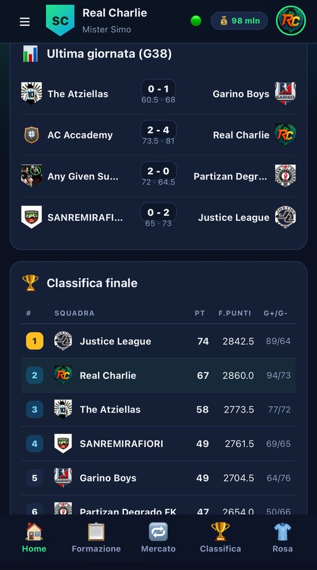 Schermata Home con risultati e classifica