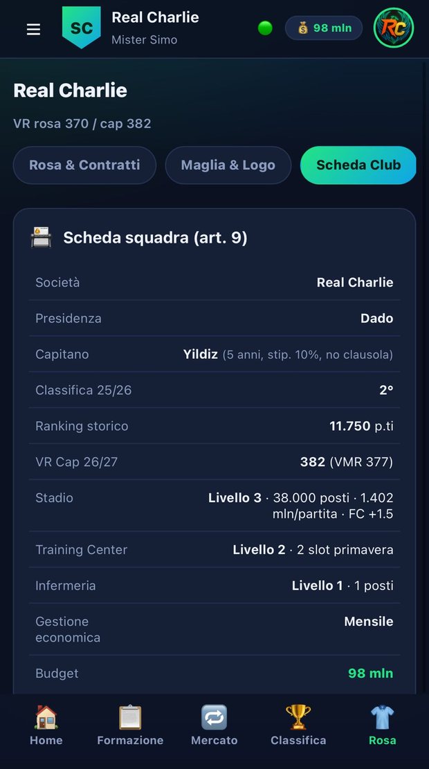 Schermata Scheda Club: stadio, VR Cap, budget